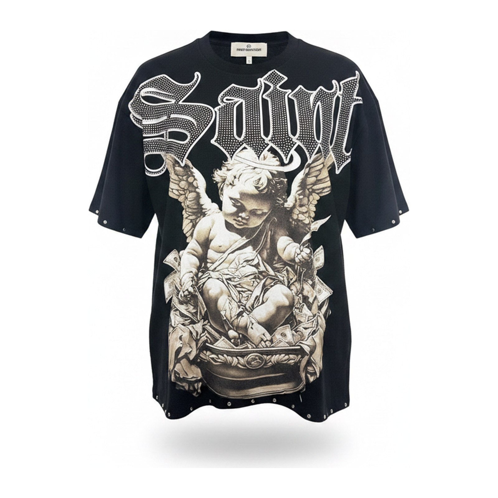RARECOMMON "Saint" Rhinestone Cherub Tee — Black - ghost mannequin
