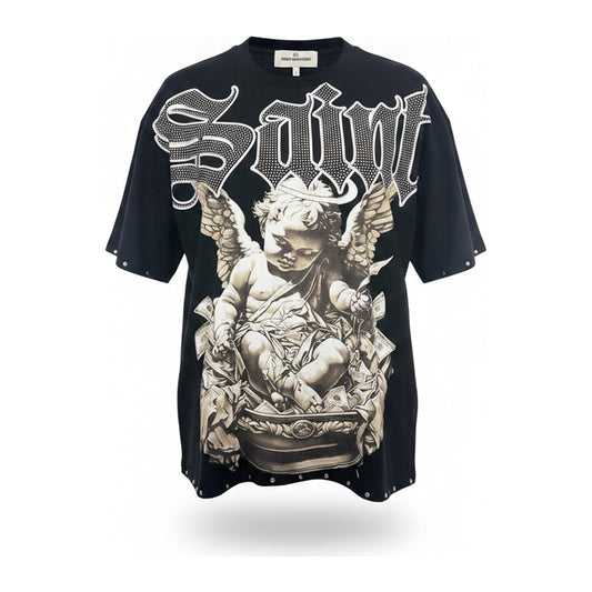RARECOMMON "Saint" Rhinestone Cherub Tee — Black - ghost mannequin