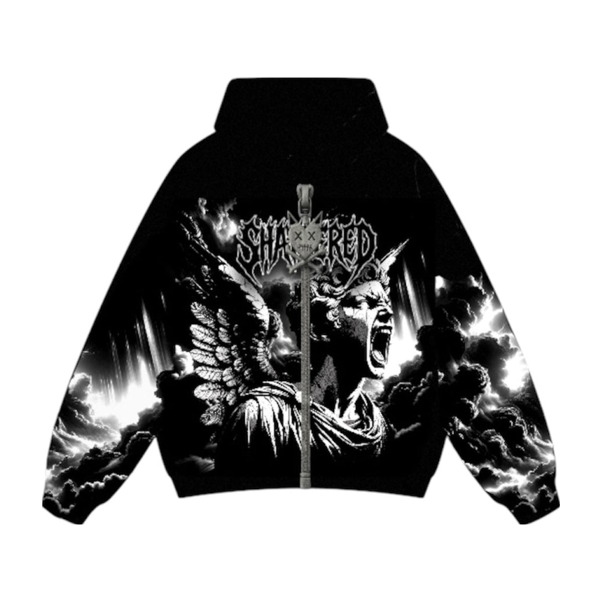 Shattered Hearts Zip-Up Hoodie — Black