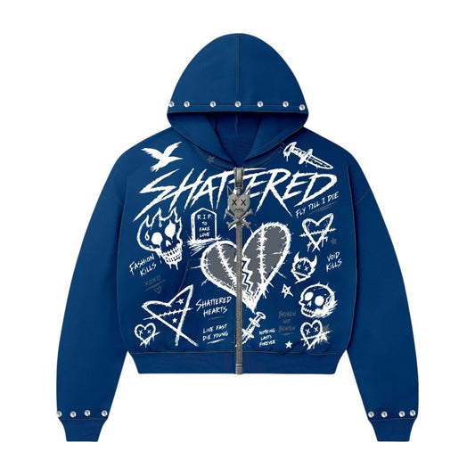 Shattered Hearts Zip-Up Hoodie — Blue