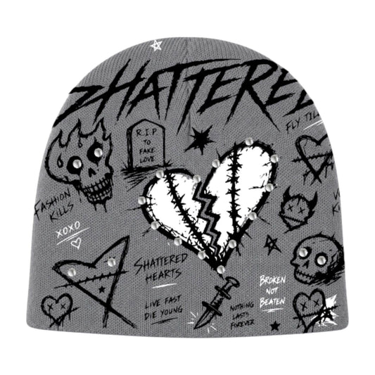 Shattered Hearts Graffiti Beanie — Grey