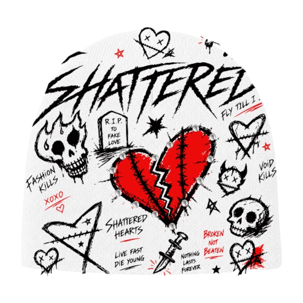 Shattered Hearts Graffiti Beanie — White