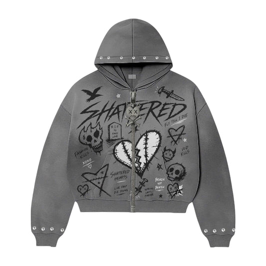 Shattered Hearts Zip-Up Hoodie — Grey