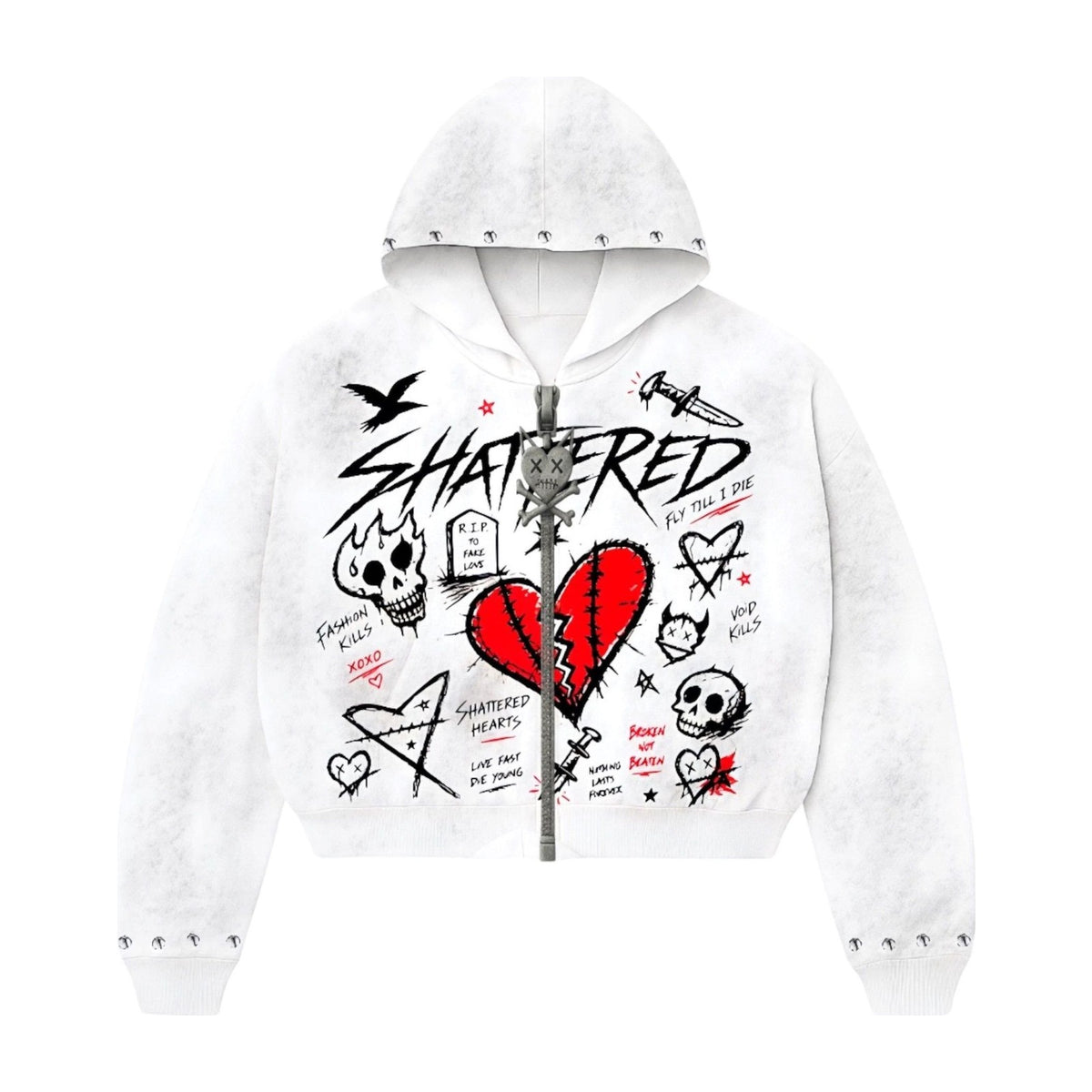 Shattered Hearts Zip-Up Hoodie — White