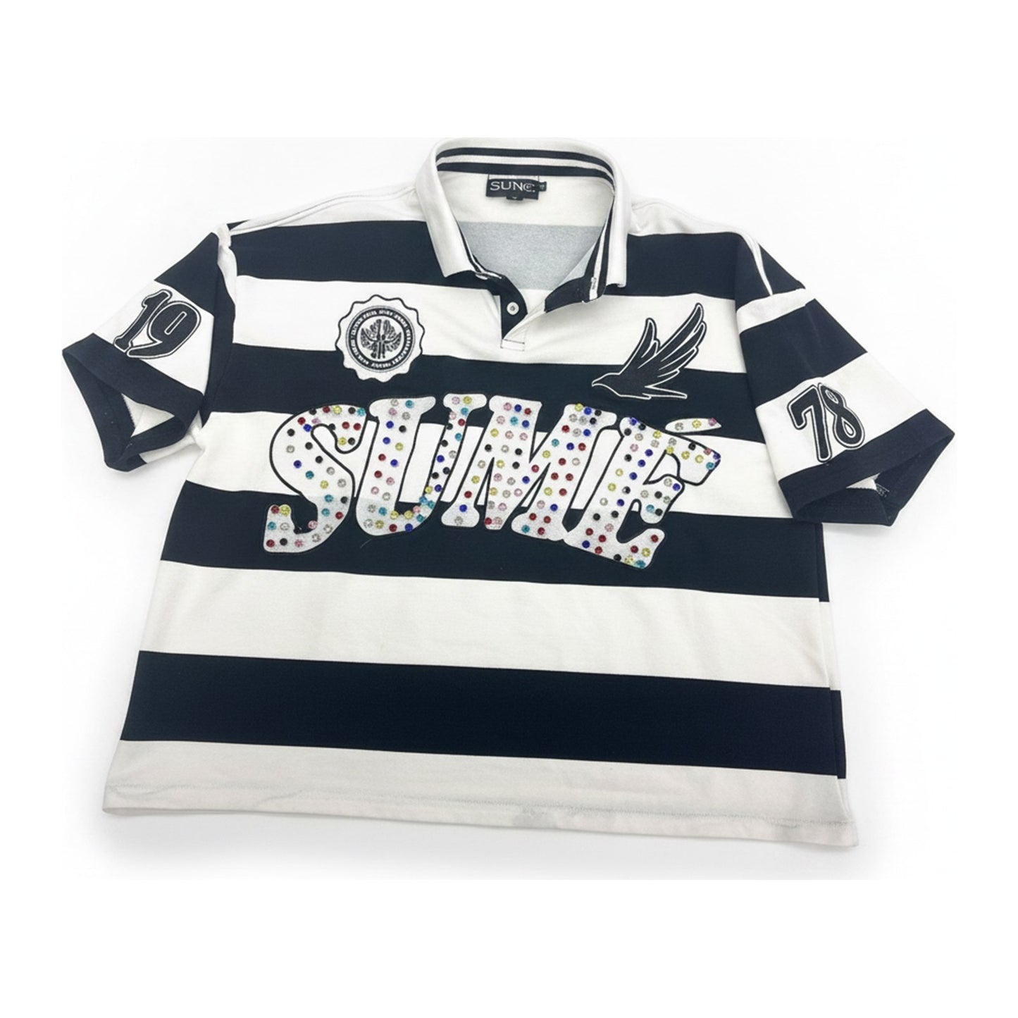 SUME 1978 Rugby Polo - Black & White Stripe - ghost mannequin
