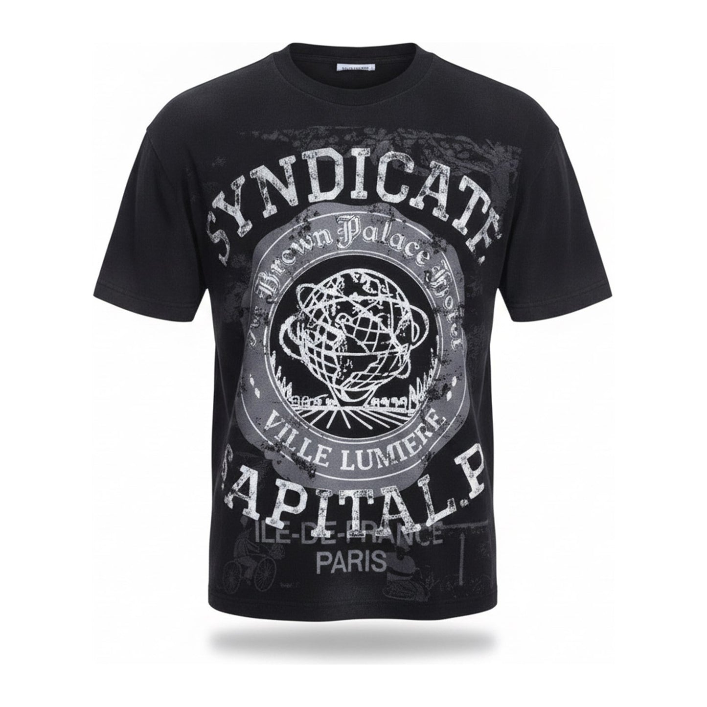 Syndicate "Capital P" Paris Rhinestone Tee — Black - ghost mannequin