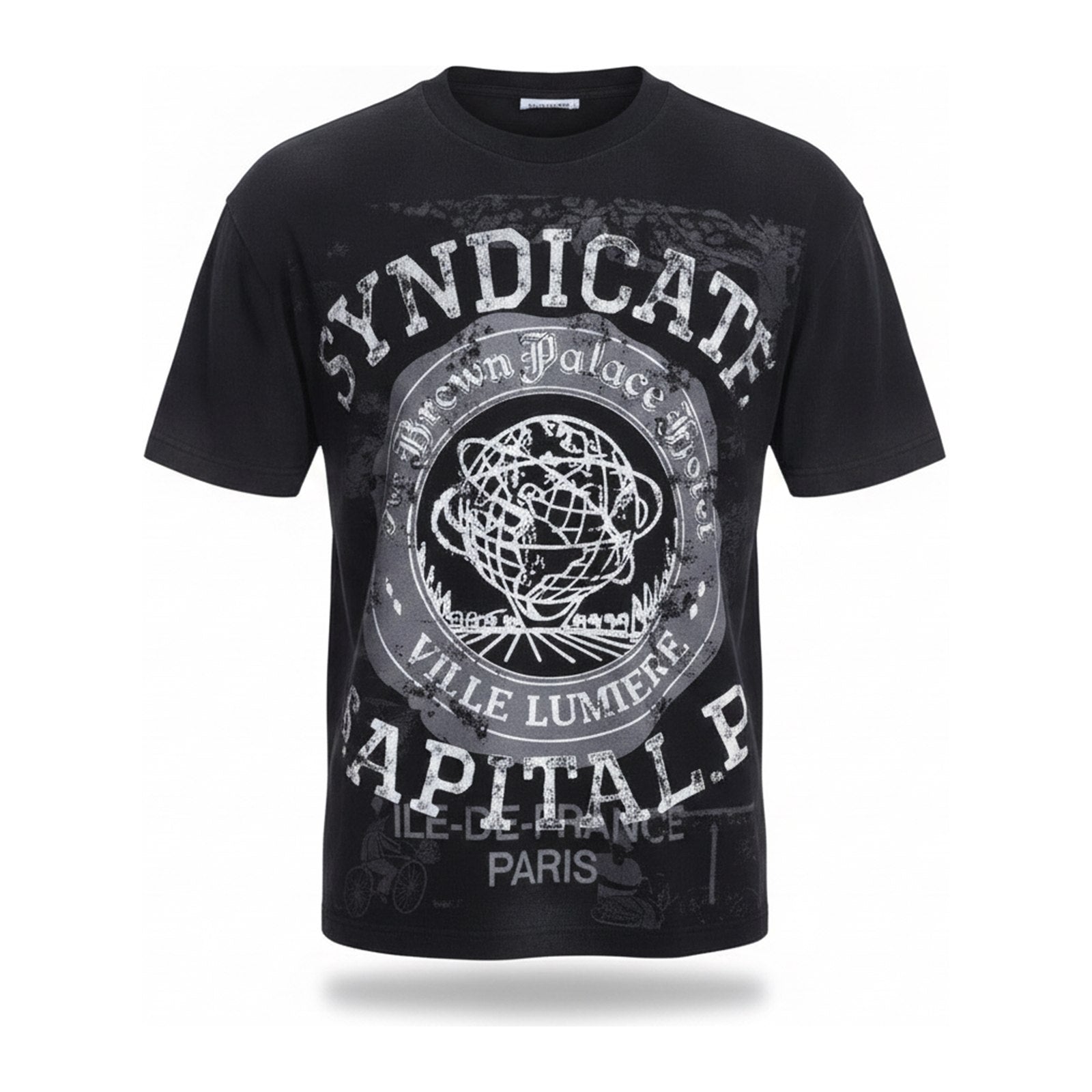Syndicate "Capital P" Paris Rhinestone Tee — Black - ghost mannequin