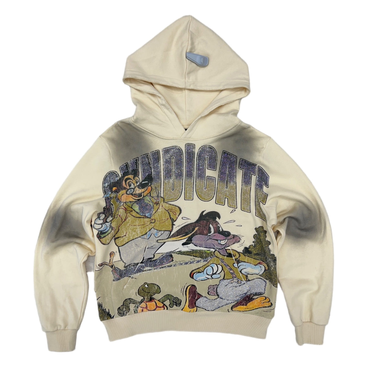 The Syndicate cream HS hoodie with an arched rhinestone logo