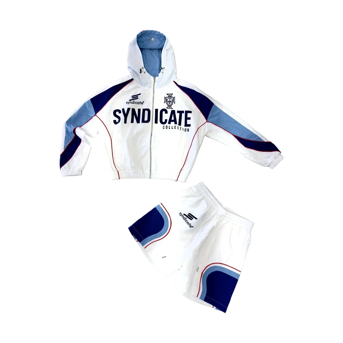 The Syndicate Nylon 1 track jacket and short set in white with navy and light blue panels