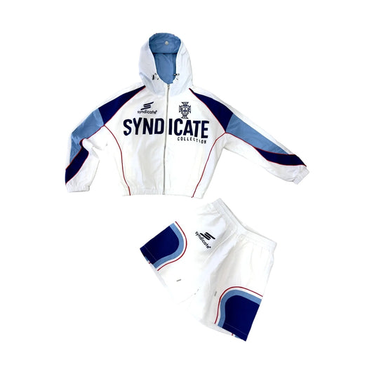 The Syndicate Nylon 1 track jacket and short set in white with navy and light blue panels