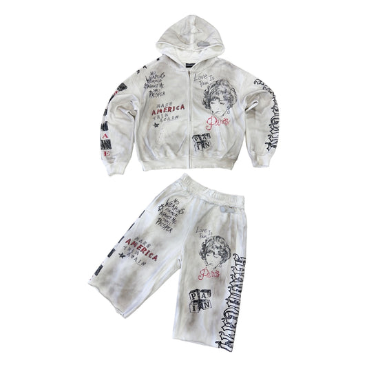 The Syndicate Pain 3/4 short set in washed white, hoodie and shorts laid flat
