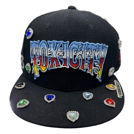 toxicity rhinestone hearts black hat