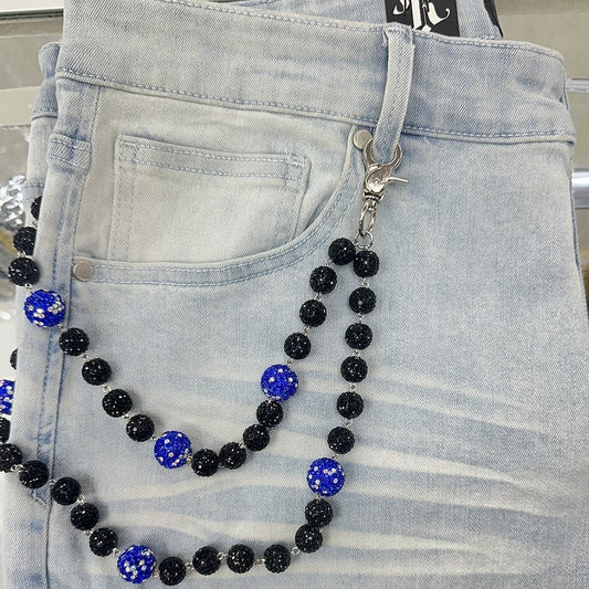 EAK Wallet Chain — Black/Blue/White — clasp and charm detail