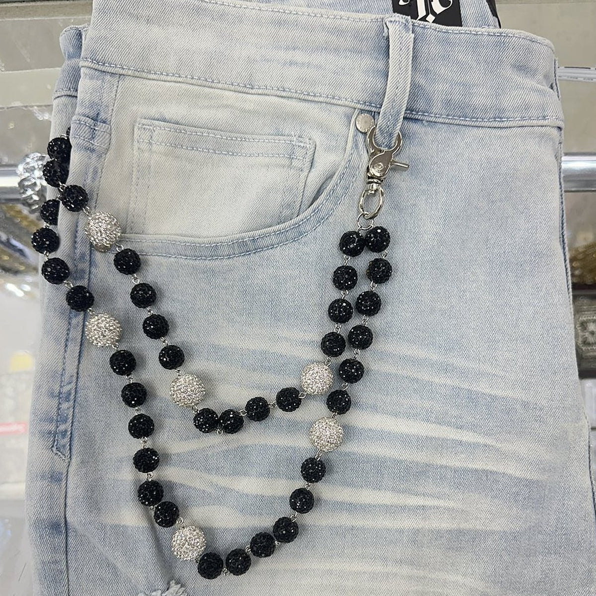 EAK Wallet Chain — Black/White — clasp and charm detail