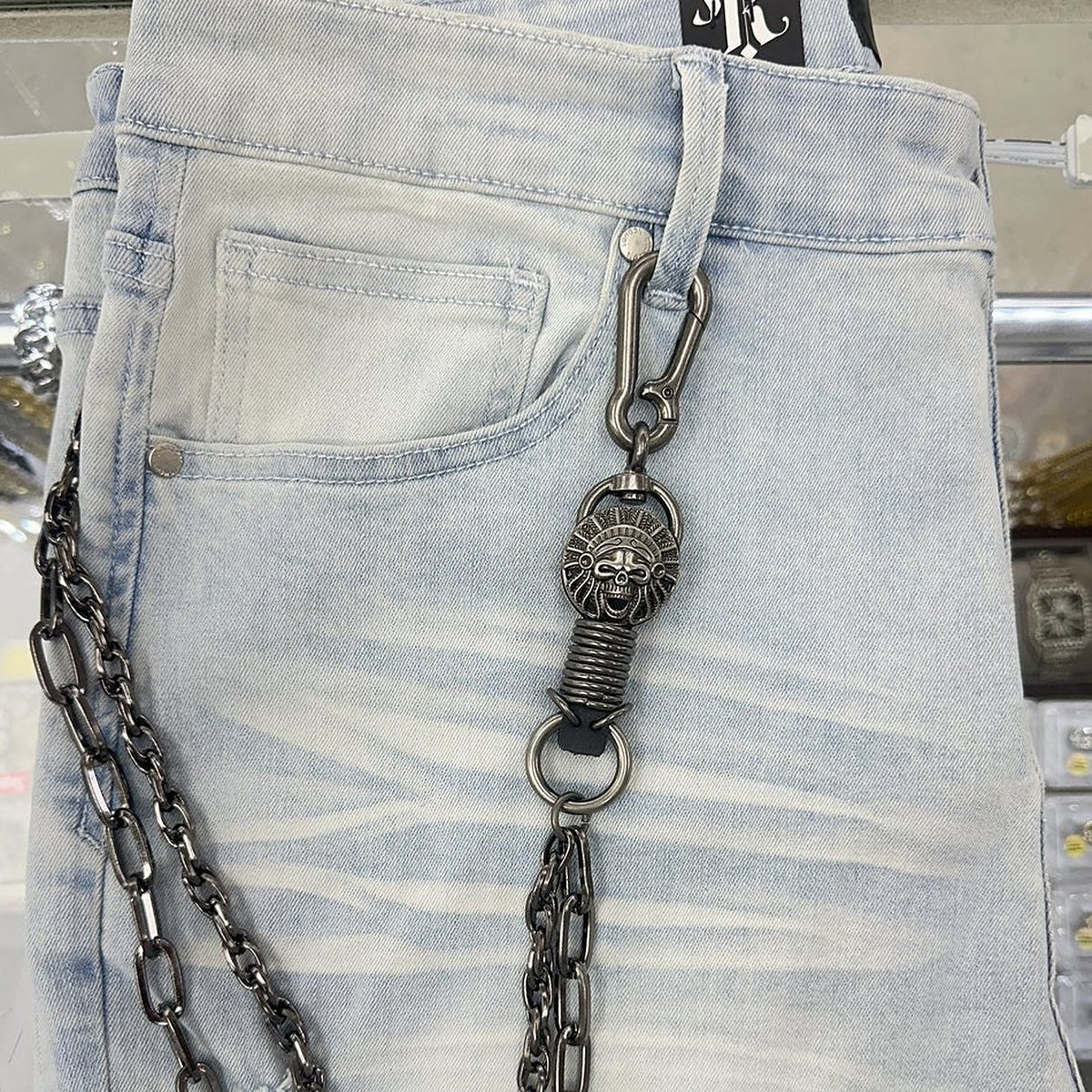 EAK Wallet Chain — Gunmetal/Aztec/Skull — clasp and charm detail