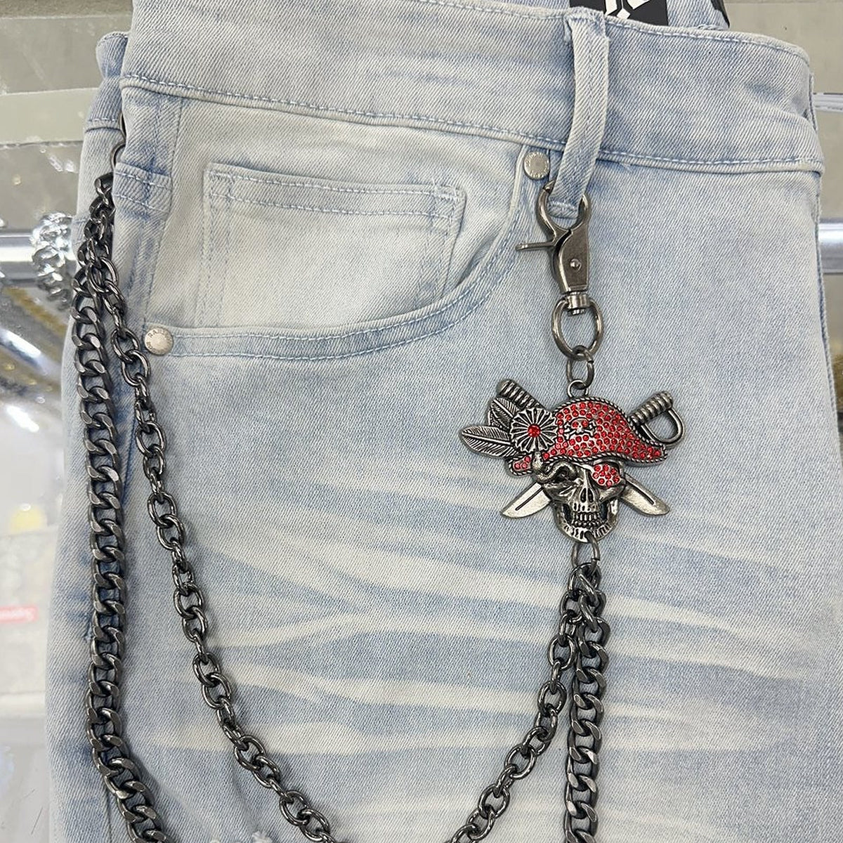 EAK Wallet Chain — Gunmetal/Redpirate — clasp and charm detail