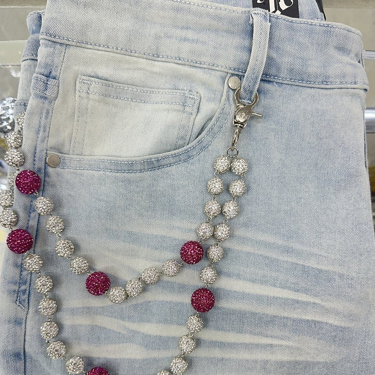 EAK Wallet Chain — White/Fuchsia — clasp and charm detail