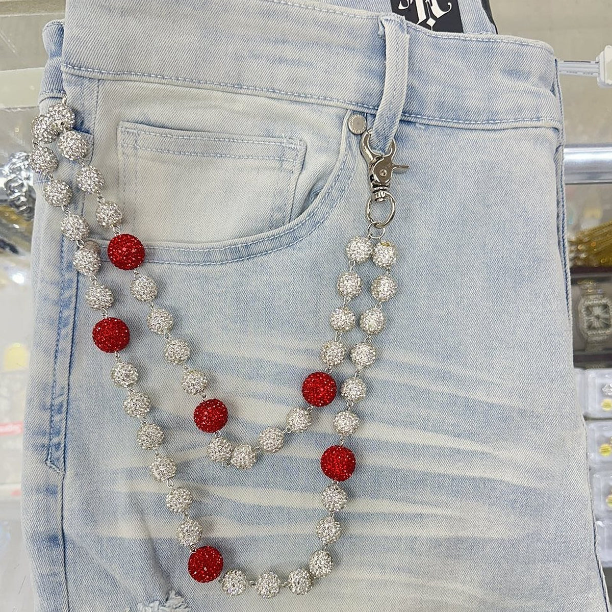 EAK Wallet Chain — White/Red — clasp and charm detail