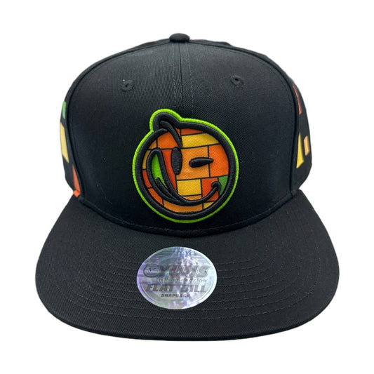 Yums flat bill snapback in black with the face logo in orange and yellow blocks