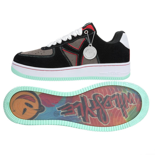 Yums Wild style black/grey/white/red sneaker, side profile and sole art